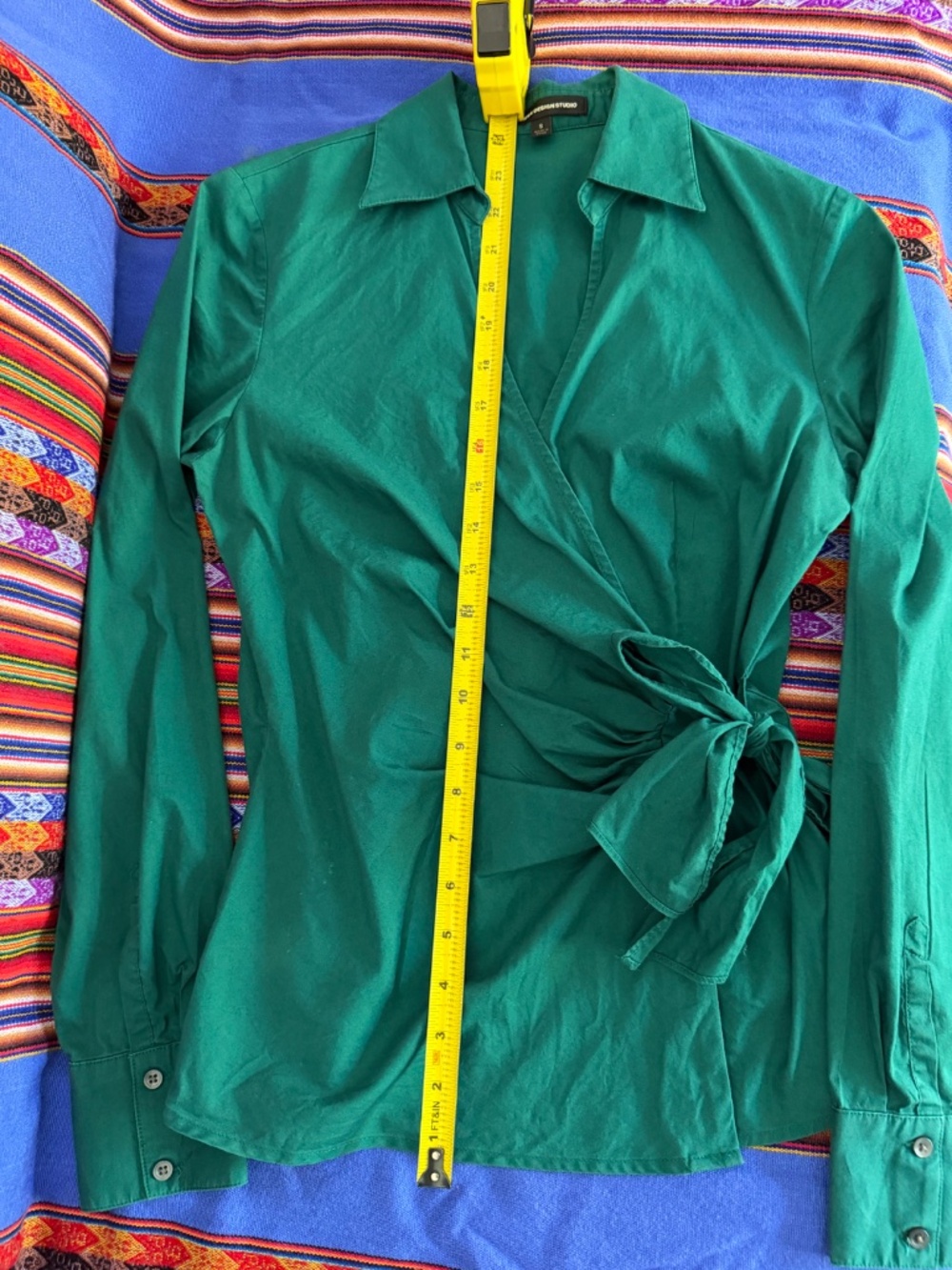 EXPRESS Design Studio teal wrap long-sleeved blouse - size small - Picture 3 of 7